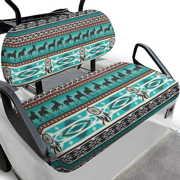 POLERO Blue Aztec Horse Print Golf Cart Seat Covers Universal Fit for Club Car Precedent Golf Cart Seats, Washable Front and Back Seat Cushion Cover, No Stapler Required