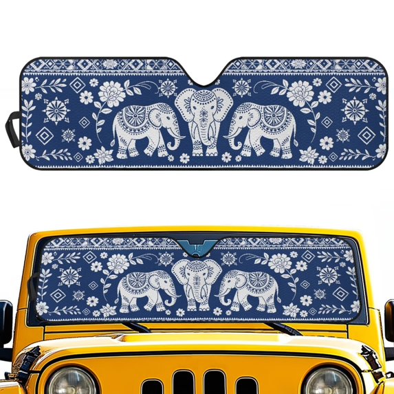 POLERO Blue Bohemian Elphant Automotive Sunshade Comes with Storage Bag, Keep Car Interior Cool,Universal Windshield Sun Shade Fit for Cars, Off-road Vehicle, Trucks, SUV (52.95x16.14 inch)