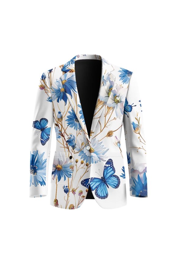 Blue Butterfly Daisy Print Mens Suit Jacket One Button Blazer Trendy Open Front Long Sleeve Sport Coat for Prom Dinner Wedding