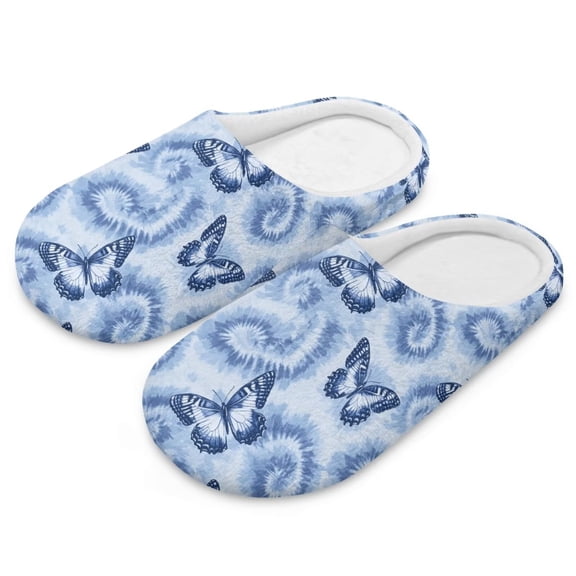 POLERO Blue Butterfly Tie-dye Print House Slippers for Woman Lightweight Indoor Slippers Closed Toe Slip On Bedroom Shoes with Memory Foam, Size 10.5-11.5