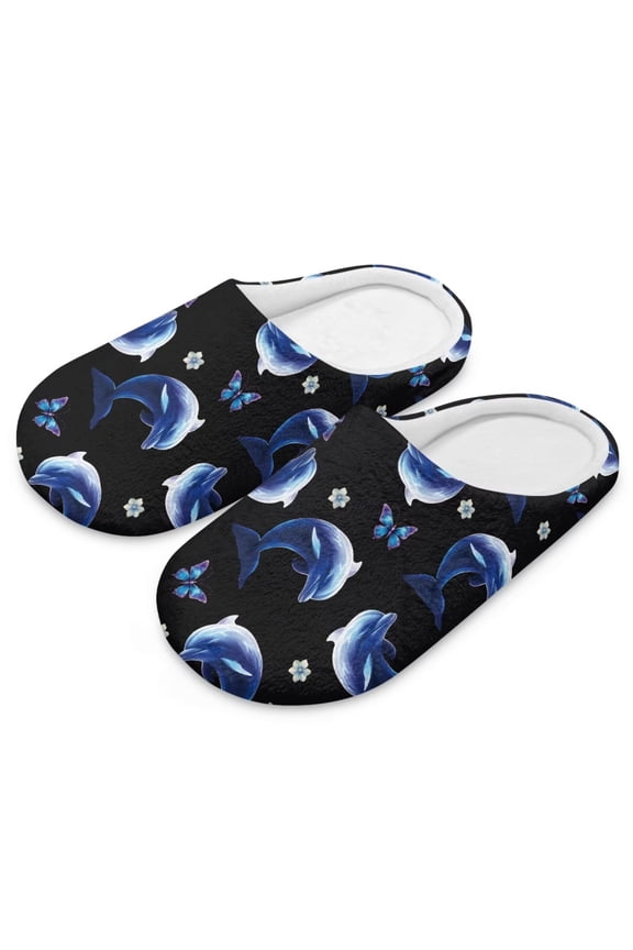 Blue Dolphins Print Indoor Slippers for Women Lightweight House Bedroom Closed Toe Warm Slipper Shoes Trendy Gift Slippers, Size 10.5-11.5