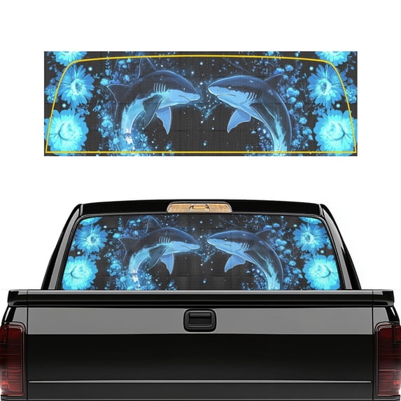 POLERO Blue Floral Shark Perforated Vinyl Rear Window Decal, 66.9 x 22.4 Inches Waterproof See through Sticker for Trucks and Pickup Cars