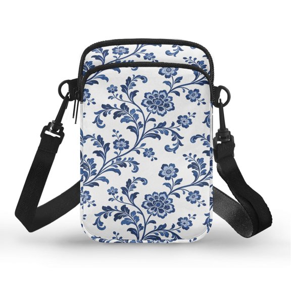 POLERO Blue Floral Vine Cell Phone Pouch, Polyester Bag with Adjustable Shoulder Strap, for Women Running and Daily Travel