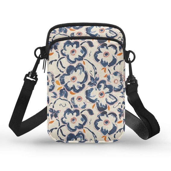 POLERO Blue Ink Floral Print Crossbody Bag, Adjustable Strap Phone Purse Double Layer Phone Purse Wallet for Shop Work