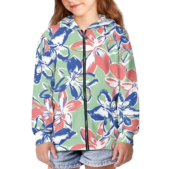 POLERO Blue Pink Floral Print Hoodies for Girls Casual Soft Cute Zip Up Hoodie with Pockets Hooded Sweatshirts Kids Warm Jackets Winter Coat 6-7 Years