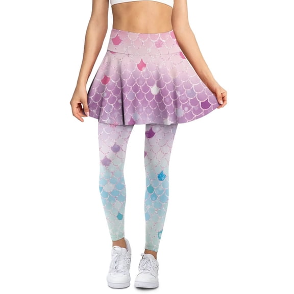 POLERO Blue Purple Fish Scales Yoga Legging with Skirts Flare Pleated Yoga Pants Stretch Tennis Workout Running Skirted Leggings with Pockets High Waisted Athletic Leggings for Women