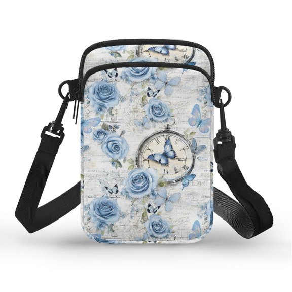POLERO Blue Rose Clock Butterfly Lightweight Over Shoulder Bags for Travel Outdoor, Casual Multipurpose Crossbody Bag