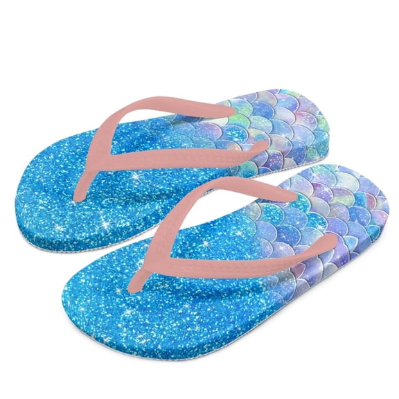 POLERO Blue Shiny Mermaid Print Kids Flip Flop - Comfortable & Stylish Summer Sandal for Boys & Girls with Footbed & Non-Slip Sole Size 10