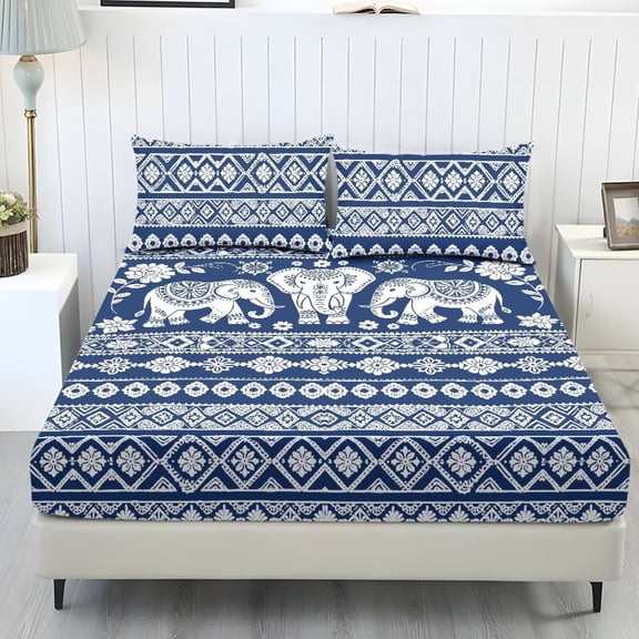 POLERO Blue Southwest Elephant Fitted Sheet Set Bedroom Decoration Western Bed Sheet and Pillowcase 3 Piece Adult Bedding Cover Cooling Comfort Bed Sheets Hotel Decoration,Full