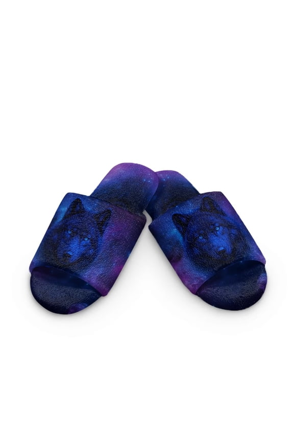Blue Wolf Print Open Toe House Slippers for Women Men Soft Cotton Indoor Shoes Memory Foam Slip On Bedroom Slippers, Size 10.5-11.5
