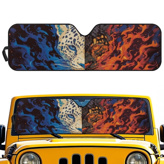 POLERO Bold Off-Road Jeep Windshield Sun Shade with Fire Ice Leopard Design - Blocks UV Rays Great for Outdoor Adventure