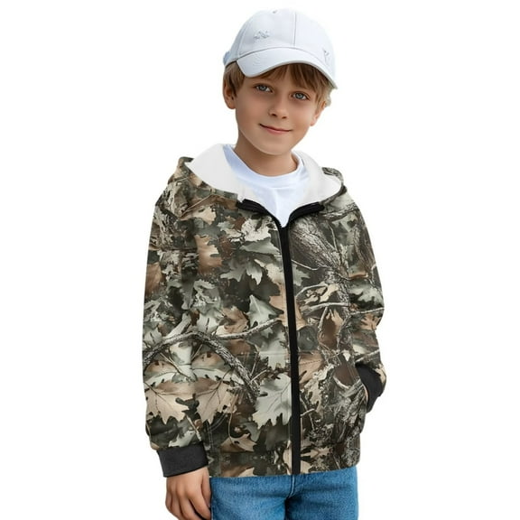 POLERO Boys Forest Hunting Camo Print Sweatshirts Zip Up Jacket for Boys Warm Cropped Hoodies Teen Casual Long Sleeve Jackets with Pockets, Size XL