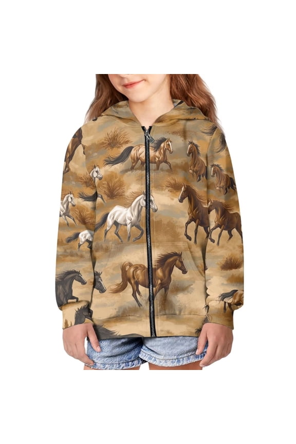 Boys Girls Fleece Hoodies Brown Running Horse Print Zipper Hoodie Casual Hooded Sweatshirts with Pocket Winter Coat Jacket for Age 6-7 Kids