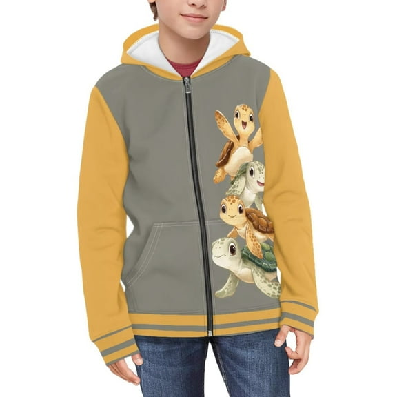 POLERO Boys Girls Fleece Hoodies Sea Turtle Grey Orange Print Zipper Hoodie Casual Hooded Sweatshirts with Pocket Winter Coat Jacket for Age 11-13 Kids