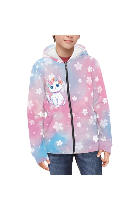 Boys Girls Fleece Hoodies White Kitty Cherry Blossom Print Zipper Hoodie Casual Hooded Sweatshirts with Pocket Winter Coat Jacket for Age 8-10 Kids