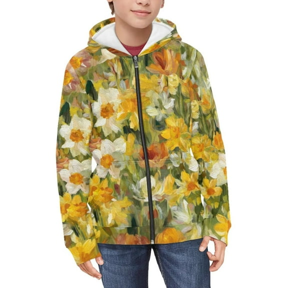 POLERO Boys Girls Hoodies Oil Art Floral Printed Cute Hooded Jacket Lightweight 11-13 Years Long Sleeve Zip Up Sweatshirt for Kids