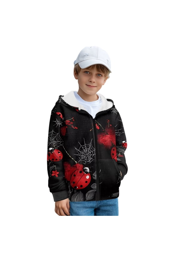 Boys Halloween Winter Jacket Ladybug Spider Web Print Hoodies Kids Full Zip Hoodie Boys Jacket Warm Cozy Outwear Coat with Pockets, Size L