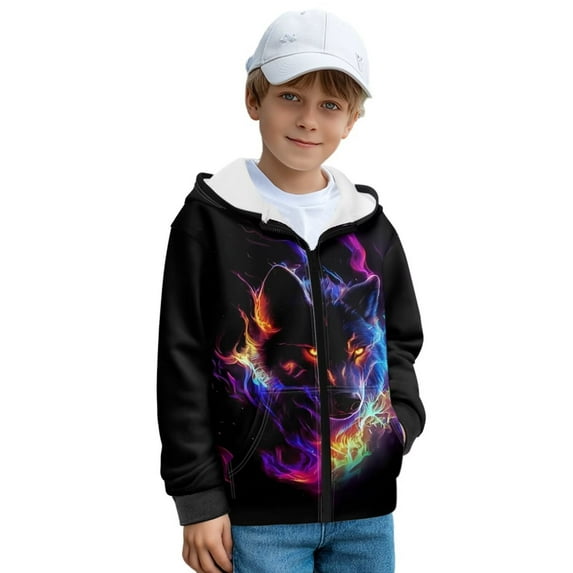 POLERO Boys Zip Up Hoodies Color Fire Wolf Print Teen Hooded Sweatshirts Warm Jackets Kids Fall Fashion Outfits Winter Clothes, Size M