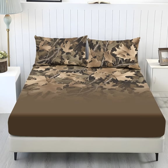 POLERO Brown Camouflage Hunting Bedding Fitted Sheet 3 Piece,Camo Bed Sheet Wrinkle Free Soft Breathable Sheets Set with 9.8 Inch Deep Pocket,Bedding Set Decoration for Kids Boys Girls,Twin