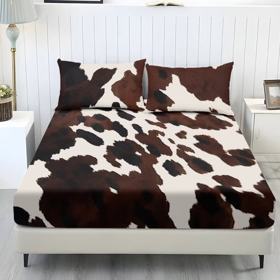POLERO Brown Cow Print Bed Sheets Set of 3 Twin Size Stretchable Fitted Sheets Lightweight Soft Bedding Sheet Set with Pillowcases Easy Care Bedroom Decoration Accessory