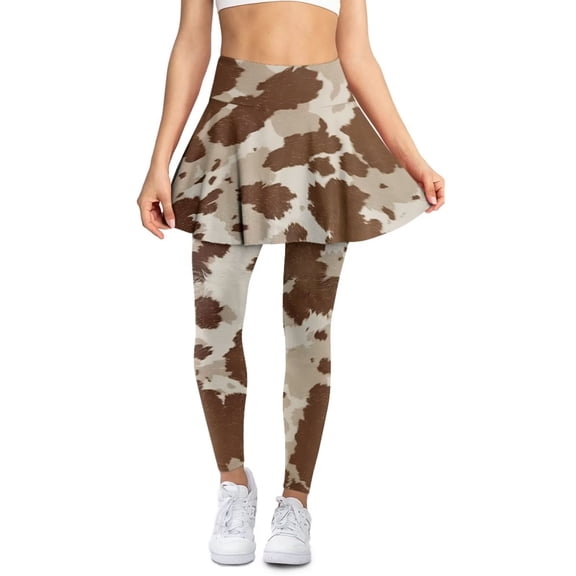POLERO Brown Cow Skin Athletic Skirt with Leggings for Women Plus Size Skirted Legging Yoga Skirts High Waisted Tummy Control Full Length Workout Leggings Running Pants