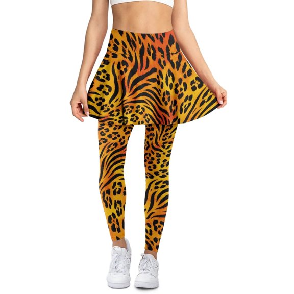 POLERO Brown Leopard Tiger Skin Yoga Legging with Skirts Ruffle Pleated Skirted Fitness Legging High Waist Lounge Tennis Yoga Pleated Skirt Gym Workout Leggings for Women