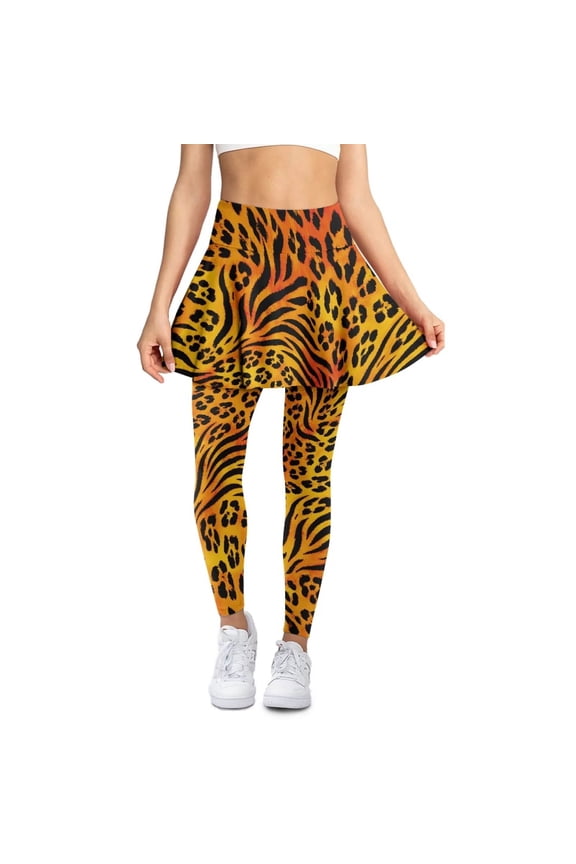 Brown Leopard Tiger Skin Yoga Legging with Skirts Ruffle Pleated Skirted Fitness Legging High Waist Lounge Tennis Yoga Pleated Skirt Gym Workout Leggings for Women