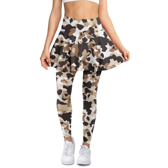 POLERO Brown White Cow Flare Skirts with Tennis Leggings for Women Fall Winter Yoga Pants Athletic Skirt with Pockets Tummy Control Fitness Gym Legging Trouser Clothes