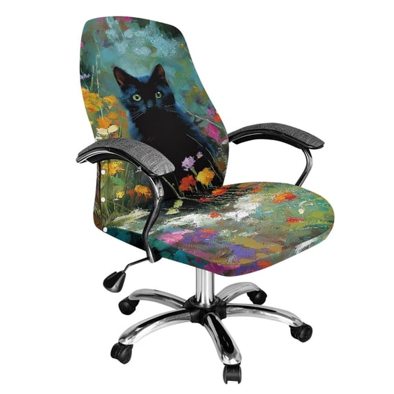 POLERO Brushed Elastic Fabric All-in-One Desk Computer Chair Slipcover for Gaming Home, Anti Aging Breathable High Back Chair Slipcover, Black Cat Cherry Blossoms