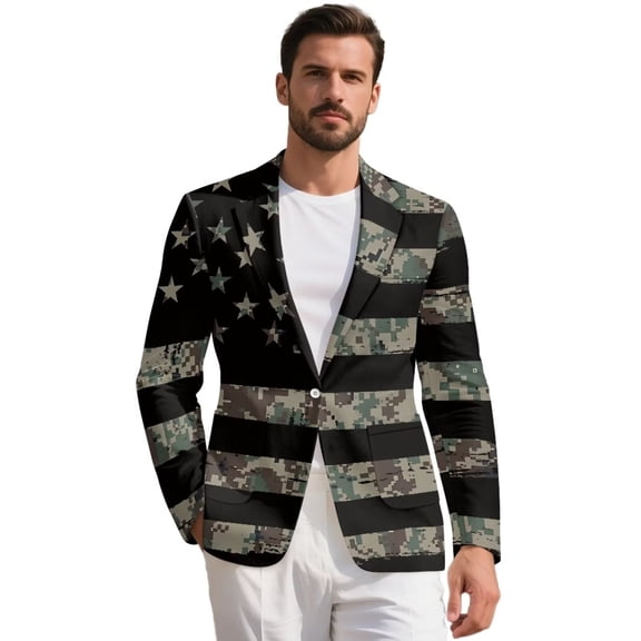 POLERO Camo American Flag Suit Blazer for Men Lightweight Casual Sport Coats Patriotic USA Business Jacket for Independence Day Suit