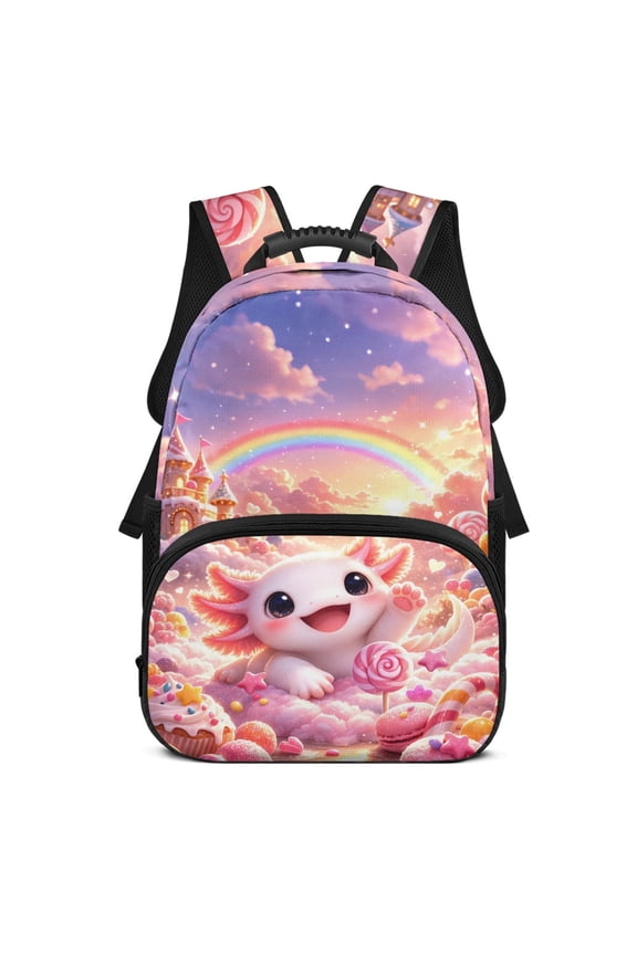 Candy Axolotl Print 17 Inch Bookbag for Kids, Polyester Durable Lightweight Backpack for Travel