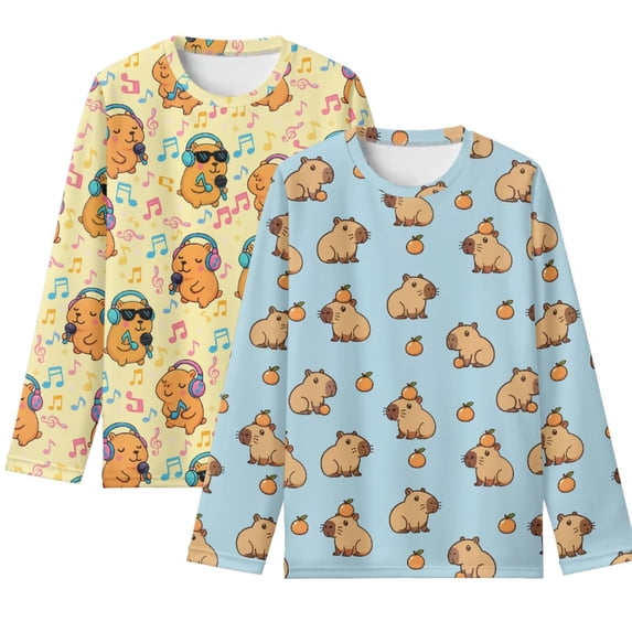 POLERO Capybara 2 Pack Girls' Long Sleeve Tees 13-14 Years Crew Neck Soft Lightweight T Shirts Cute Winter Trendy Costume