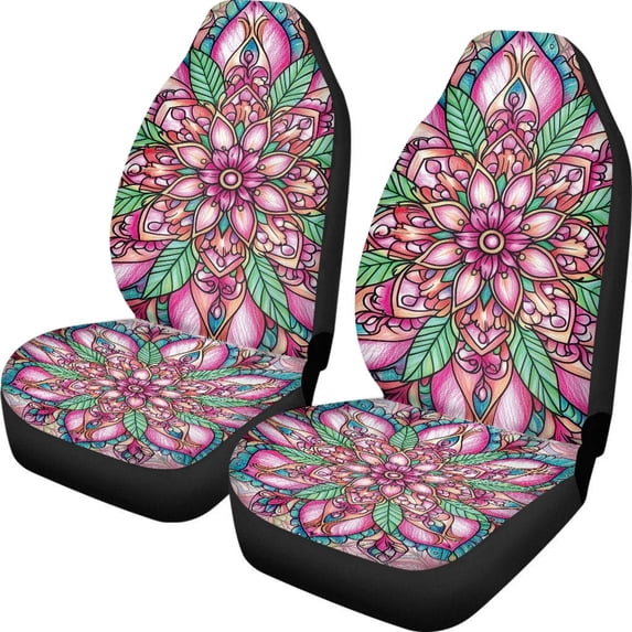 POLERO Car Decor Auto Interior Front Seat Protector for Sedans and Trucks, Washable Polyester Seat Cover Set of 2, Pink Mandala Floral