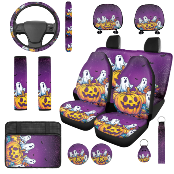 POLERO Car Seat Cover Full Set, with Auto Cup Pad Key Holder Front And Rear Seat Covers, 15-Piece Halloween Ghost Pumpkin Car Seat Covers Set