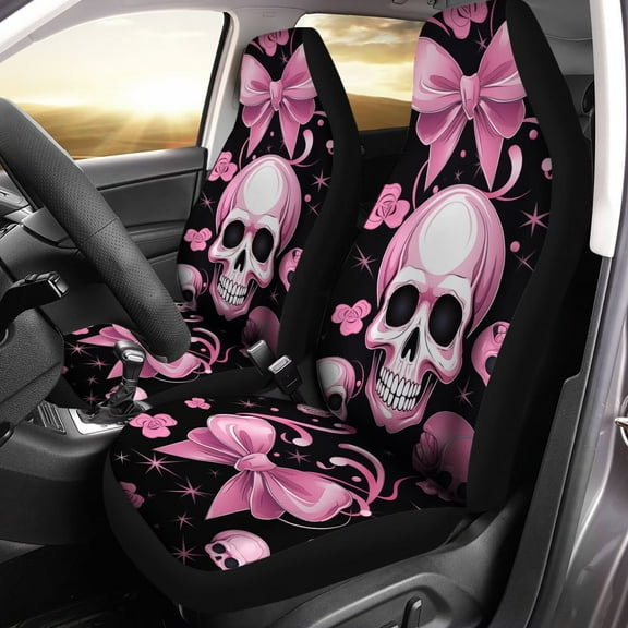POLERO Car Seat Cover, Pink Gothic Skull Bow Tie Print Auto Seat Protector Breathable Front Seat Cover Set, SUV/Truck/Van/Car Universal Seat Covers, Set of 2
