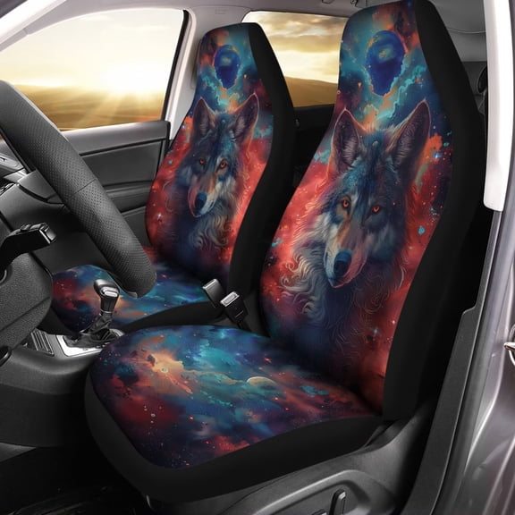 POLERO Car Seat Cover, Wolf Starry Sky Print Auto Seat Protector Breathable Front Seat Cover Set, SUV/Truck/Van/Car Universal Seat Covers, Set of 2
