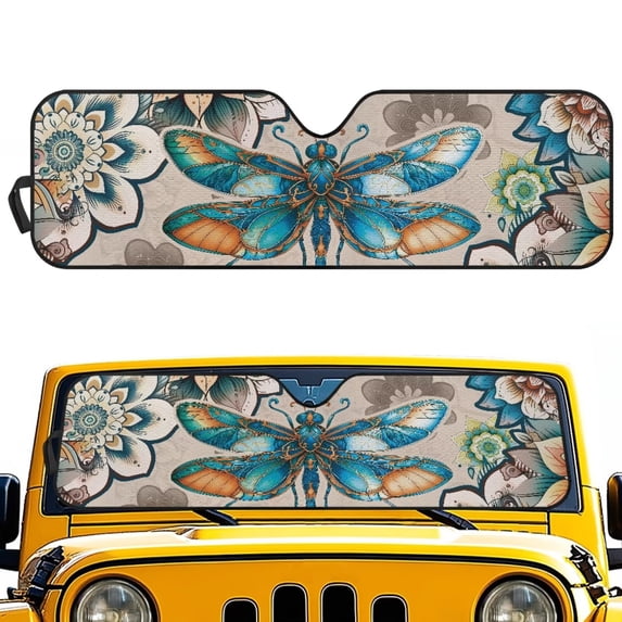 POLERO Car Windshield Sun Shade, Boho Mandala Dragonfly Sun Visor for Car Off-road Vehicle, Block UV Rays, Foldable 52.95x16.14 inches