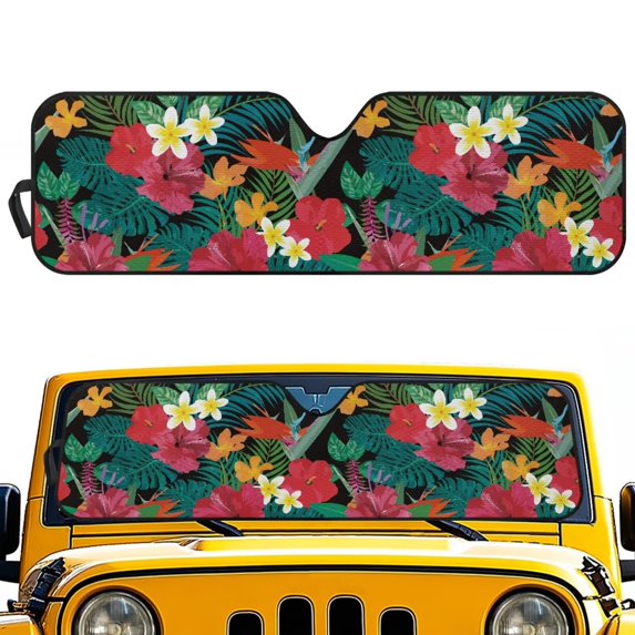 POLERO Car Windshield Sunshade Hawaii Flower Palm Leaves, Blocks Sun Visor Protector Foldable Sun Shield Keep Your Vehicle Cool, Fits Windshields of Car Off-road Vehicle