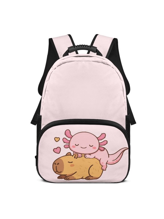 Cartoon Axolotl & Capybara Pattern Side Pockets Backpack for Travel School, Large Capacity Durable Polyester Backpacks