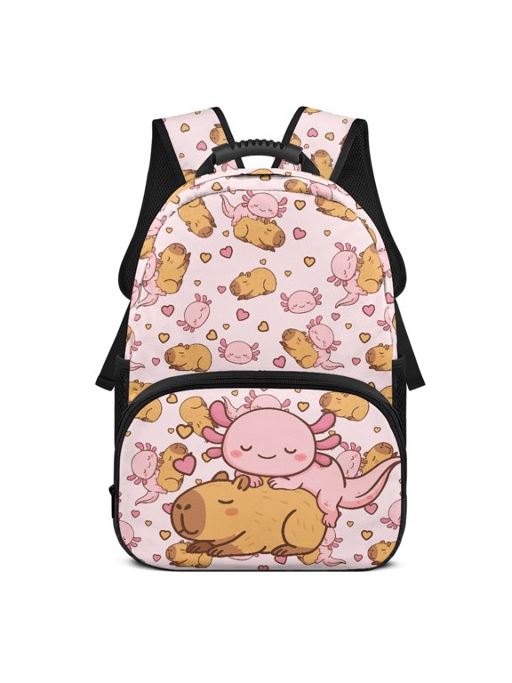 Cartoon Capybara & Axolotl Print with Heart Accents 17 Inch School Backpack for Kids, Polyester Fabric Side Pocket Travel Backpacks for Daily Use Hiking
