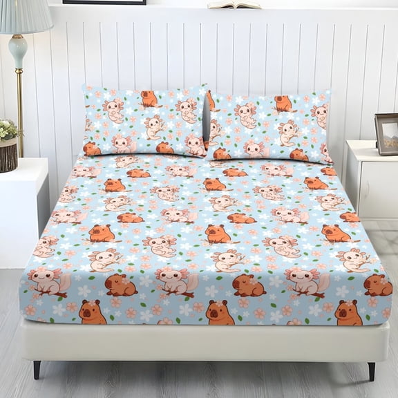 POLERO Cartoon Capybara Axolotls Bedding Sheet Sets,Comfy Breathable Cooling Bed Sheet with Pillowcase Soft Cozy Bedding Cover Wrinkle Fade Resistant Bed Cover for Kids,3 Piece,Twin