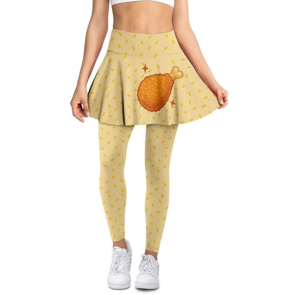 POLERO Cartoon Chicken Leg Yellow Yoga Leggings for Women Skirt with Leggings Tennis Pants Ruffle Pleated Skirted Legging Workout Trousers High Waist Athletic Pants with Pockets