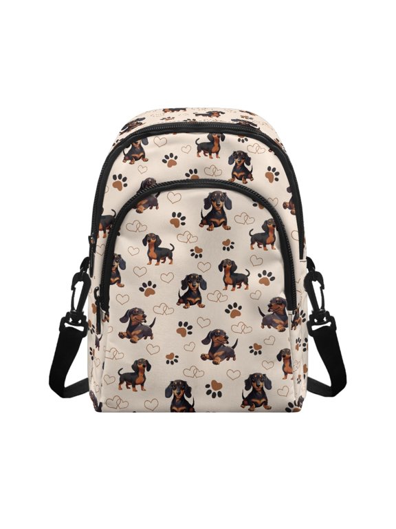 Cartoon Dachshund & Paw Print Pattern Sling Bag, Adjustable Strap Polyester Crossbody Bag for Work Shopping, Front Pocket Small Sling Backpack