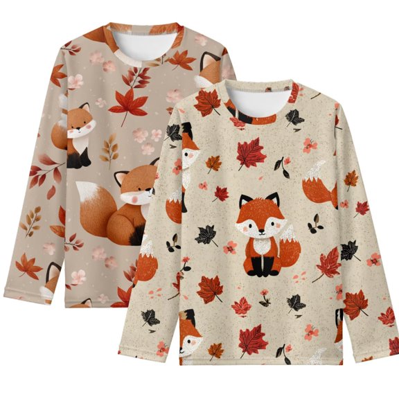POLERO Cartoon Fox Kids Boys T Shirts Casual Long Sleeve Cute Tops 2 Pack Round Neck Soft Loose Basic Tees 13-14 Years