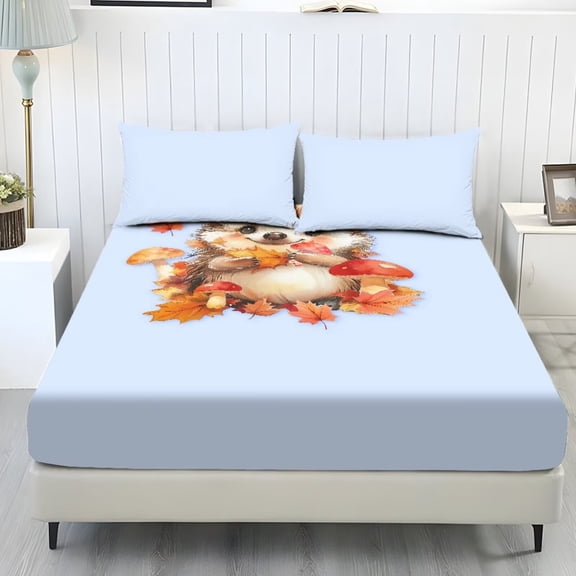 POLERO Cartoon Hedgehog Maple Leaf Sheet Sets,3 Piece Bed Sheet Cartoon Bedding Set Children Home Decor Comfy Breathable Cooling Bed Sheets Set All Season,King