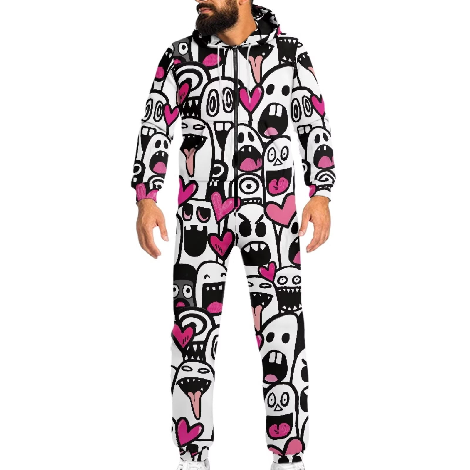 POLERO Cartoon Monster Print Halloween Adult Onesie Pajames for Pajamas Party Men and Women Zipper Playsuit for Couple Cosplay, Size 4XL