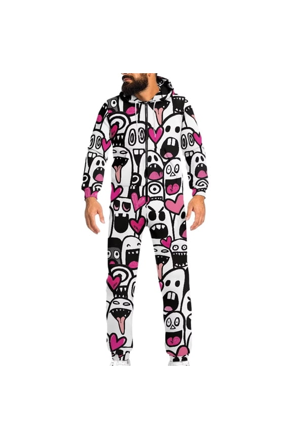 Cartoon Monster Print Halloween Adult Onesie Pajames for Pajamas Party Men and Women Zipper Playsuit for Couple Cosplay, Size L