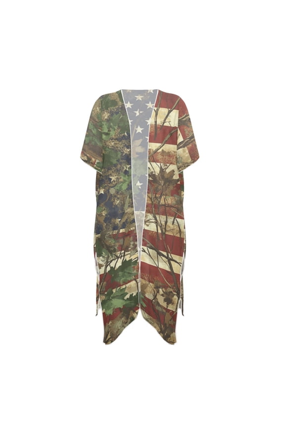 Casual Bikini Cover Up for Beach Polyester Quick Dry Long Kimono Swimsuit Cover Up Camo USA Flag Print