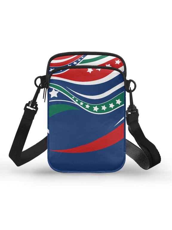 Casual Crossbody Bag for Hiking Shop, Polyester Double Deck Shoulder Bag, Stars Stripes Patriotic Pattern