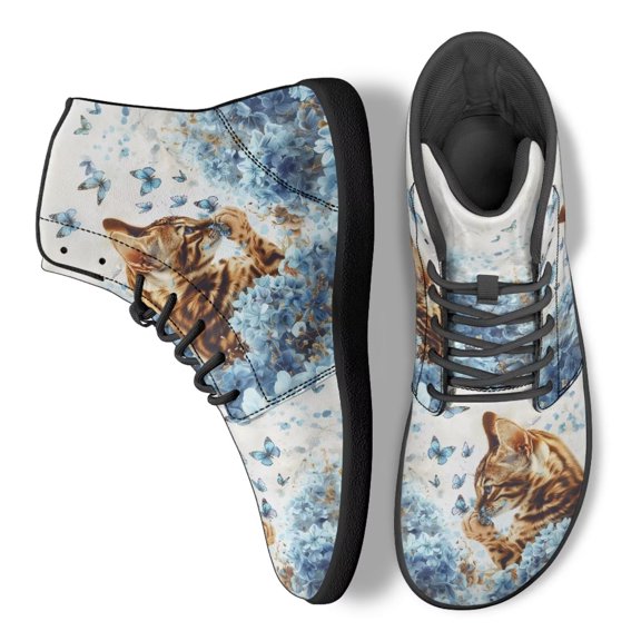 POLERO Cat Blue Flower Work Shoes for Women Men Non Slip Walk Sneakers High Top Business Barefoot Shoes Cold Weather Walking Office Work Shoe Lace-Up Running Sports Outdoor Sneaker